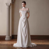 One-Word Shoulder-Sand-Faced Light Wedding Dress 2026 Spring Winter New Bridal White Yarn White Tail Dress HZ0517