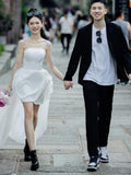 French Bride With A Breastless Wedding Dress With A Simple Engagement Girl Group Dancing Dress With A Noodle Certificate Registration Small White Dress HZ0517