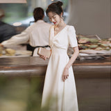 White Dress 2026 Summer Can Usually Wear The French Registration License Small White Dress Banquet Long V Collar Evening Dress HZ0517