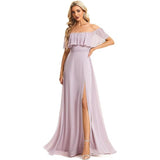 New One-Character Collar Solid-Colored Dress Sleeveless Long-Sleeved-Sided Chiffon Evening Dress Open Skirt HZ0517