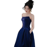 Blue Retro Breast-Wearing High-End Evening Dress Light Extravagant Small Sentientient Day Banquet French Dress Dress Dress Small Tail Dress HZ0517