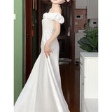 French One-Word Shoulder Niche Evening Dress White Dress Light Birthday Dress Temperament Light Wedding Dress HZ0517