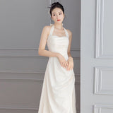 French Light Wedding Dress 2026 New Bridal Temperament Lint Retro Welcome Yarn Hanging Neck White Dress Long Sleeve HZ0517