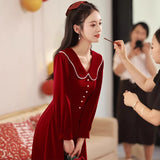 The Turn-Back Back Door Usually Can Wear A Toasting Dress Bride 2026 New Wine Red Long-Sleeved Engagement Dress Dress Woman HZ0517