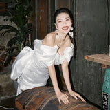 French Light Wedding Dress Bride Simple Retro Vertiny Face One-Word Welcome Out Of The Yarn Short White Engagement Dress HZ0517