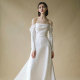 One-Word Shoulder Light Main Wedding Dress 2026 Winter Bridal French Sexy Spring White Long Sleeve Annual Tail Dress HZ0517