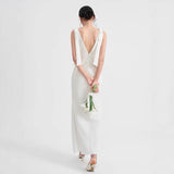 White Deep V-Neck Dress Dress High Waist-High Bow Long Shoulder Dress Engagement Dress HZ0517
