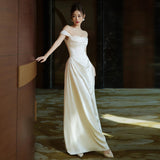 French One-Word Shoulder-To-Shoulder Wedding Bridal High-Grade White Simple Vertiny Dress Temperament Light Luxury Body Fishtail Skirt HZ0517