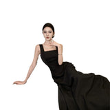 French Evening Dress Hepburn Style Dress Sexy Bare Back Sling Dress High Feeling Black Waist Skirt HZ0517