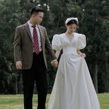 French Hepburn Wedding Dress Bride Simple Retro White Fasley Sleeve Thin Dress Woman HZ0517