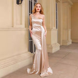One Shoulder Padded Sexy Satin Maxi Dress Women's Evenin HZ0517