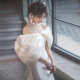 French Light Wedding Bridal Temperament Vertede Face Shoulder Bow Bows Fishtail Linen Tail Tugging Travel Dress HZ0517