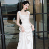 One-Word Shoulder Sling Ribbon With A Ribbon Light Wedding Dress Temperament Simple Bride Niche Light White Fishtail Go Out Dress Dress HZ0517