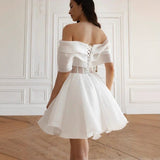 White One-Word Shoulder Light Wedding Dress Short Design Sense Elegant Little Man Slimming Engagement Evening Dress Woman HZ0517