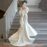 French Light Wedding Bridal Temperament Vertede Face Shoulder Bow Bows Fishtail Linen Tail Tugging Travel Dress HZ0517