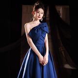 One-Shoulder Evening Dress Bow Bow Host Simple Temperament Banquet Dress Dress Performance Dress Performance Dress HZ0517