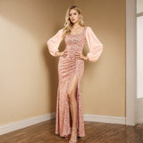 New Women's Sexy Double U-Neck Long Sleeve Shiny Evening Dress Chiffon Spliced High Open Wrinkles Long Skirt HZ0517