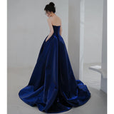 Blue Retro Breast-Wearing High-End Evening Dress Light Extravagant Small Sentientient Day Banquet French Dress Dress Dress Small Tail Dress HZ0517