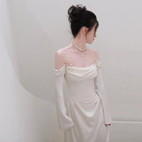 French Long-Sleeved Light Wedding Dress Word Shoulder High-End Feeld Blinded Small White Engagement Evening Dress Temperament Simple Daily HZ0517