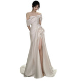 One-Word Shoulder Light Wedding Dress 2026 Spring New Bridal Bridal Simplicity Style Travel Tug-Tail Dress HZ0517