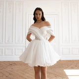 White One-Word Shoulder Light Wedding Dress Short Design Sense Elegant Little Man Slimming Engagement Evening Dress Woman HZ0517