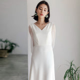 French Light Wedding Dress Super Fairy Simple White Vertiny Bride Go Out Yarn V Collar Long-Sleeved Fairy Party Daily Dress Woman HZ0517