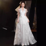 Hanging Neck Lace Light Wedding Dress Sen Series Super Fairy Out Of The Back Of The Back Of The Light Yarn Welcome Outdoor Wedding Wedding Wedding Morning Robe HZ0517