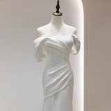 One-Word Shoulder Light Wedding Dress Bride Simple Body-Repaired Fishtail Temperament Welcome To Go Out Yarn French Super Fairy Dress HZ0517