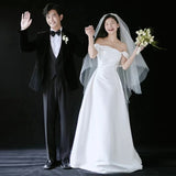 One-Word Shoulder-Swear-Faced Light Wedding Dress Bride Engagement Simple Thin Welcome Siesen Family Travel Shoots Out Yarn Evening Dress Woman HZ0517