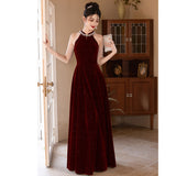 Black Hanging Neck Retro Evening Dress Slimming Host Long Dress Dress Dress Banquet High Sense Of Light Luxury HZ0517
