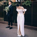 French-Style Seduced Light Wedding Dress Bride Greets A Word Shoulder White Engagement Dress Small Man Temperament Simple Out Of The Yarn HZ0517
