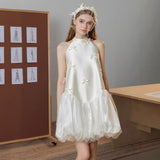 French Hanging Neck Light Wedding Dress Cute Sweet Breeze Morning Robe Certificate Registration Small White Dress Engagement Bridal Dress HZ0517