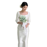Korean-Style Densat Light Wedding Temperament Bride Long Sleeves Of Small Simple White Dress Dress Certificate Daily Yarn HZ0517