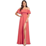 New One-Character Collar Solid-Colored Dress Sleeveless Long-Sleeved-Sided Chiffon Evening Dress Open Skirt HZ0517