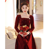Long-Sleeved Toasting Bride 2026 New Wine Red Engagement Dress Dress High-End Velvet Dress HZ0517