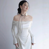French Long-Sleeved Light Wedding Dress Bride Autumn And Winter Fasing Simple High-End Feeling Shoulder Yarn Engagement Dress HZ0517