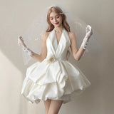 French Hanging Neck Light Wedding Dress 2026 New White Simple Set Of Face Bride Wedding Short Birthday Sexy Dress HZ0517