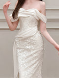 French Light Wedding Dress Simple White Shoulder Light Luxury Engagement Dress Fishtail Lace Fasci To Greet The Door HZ0517