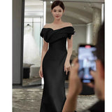 French Black Shoulder-Sand-Faced Banquet Annual Host Birthday Temperament Fish Tail Tail Evening Dress Dress Dress HZ0517