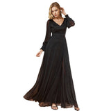 New Long Perspective Sleeve Splicing Long Skirt V-Neck High Open Fork Big A Shiny Full-Lined Quality Evening Dress HZ0517