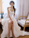 French Word Shoulder Light Wedding Dress 2026 New Bride Simple Vertine Face To Go Out To Welcome Yarn Super Fairy High Open Fork Dress HZ0517
