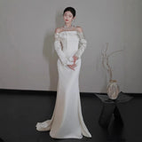 One-Word Shoulder Long-Sleeved Vertiny Face Light Wedding Dress Bride Goes Out Yarn Temperament Fishtail Simple French Engagement Wedding Dress Dress HZ0517