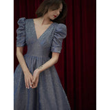 Starry Night Dress Dress Female Blue V Collar Light Luxury Niche High-End High-Grade Toasting Wedding Banquet Autumn HZ0517