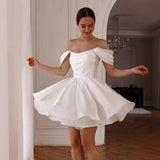 French White Shoulder Light Wedding Banquet Registration Certificate Go Out Yarn Birthday Party Short Evening Dress HZ0517