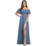 New One-Character Collar Solid-Colored Dress Sleeveless Long-Sleeved-Sided Chiffon Evening Dress Open Skirt HZ0517