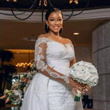 New African Mermaid Removable Drag-Tailed Wedding Dress Long-Sleeved Skinny Net Retro Lace Bride Big Tail Wedding Dress HZ0517