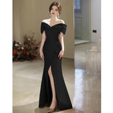 One-Word Shoulder Evening Dress Sexy Open White Art Exam Solo Performance Suit Waist Fishtail Small Tail Light Wedding Dress HZ0517