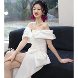 One-Word Shoulder-Sense Lint-Light Wedding Dress French High-Sensing White Temperament Fishtail Skirt Linen Welcome To Shoot Out Light Yarn HZ0517