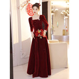 Long-Sleeved Toasting Bride 2026 New Wine Red Engagement Dress Dress High-End Velvet Dress HZ0517
