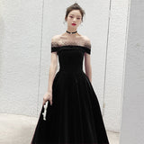 Black Evening Dress Dress Women's Long Banquet High-End Temperament Thin Shoulder Size Large-Scale Art Exam Year HZ0517